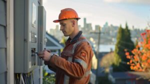 A Large 16:9 header photo for a blog on What to Expect During a 200-Amp Panel Upgrade in Seattle. Modern residential home building in Seattle, focus on an upgraded 200-amp electrical panel installation scene. Foreground shows a licensed electrician working with a clean, open panel box; background Seattle cityscape subtly faded in. Emphasis on, professionalism, and safety. Daylight with crisp shadows. Realistic style, cinematic lighting, 16:9 aspect ratio, website header composition.